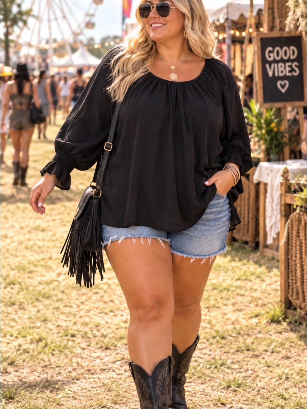 SHEIN Black Peasant Blouse with Smocked Balloon Sleeves